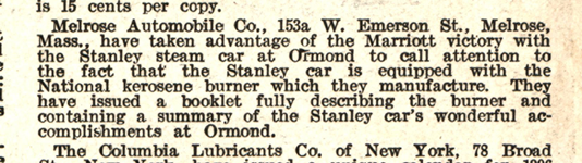 Melrose Automobile Company, National Kerosene Burner used on Fred Marriott Steam Car, April 1906m Vol 10, No 10, p 101